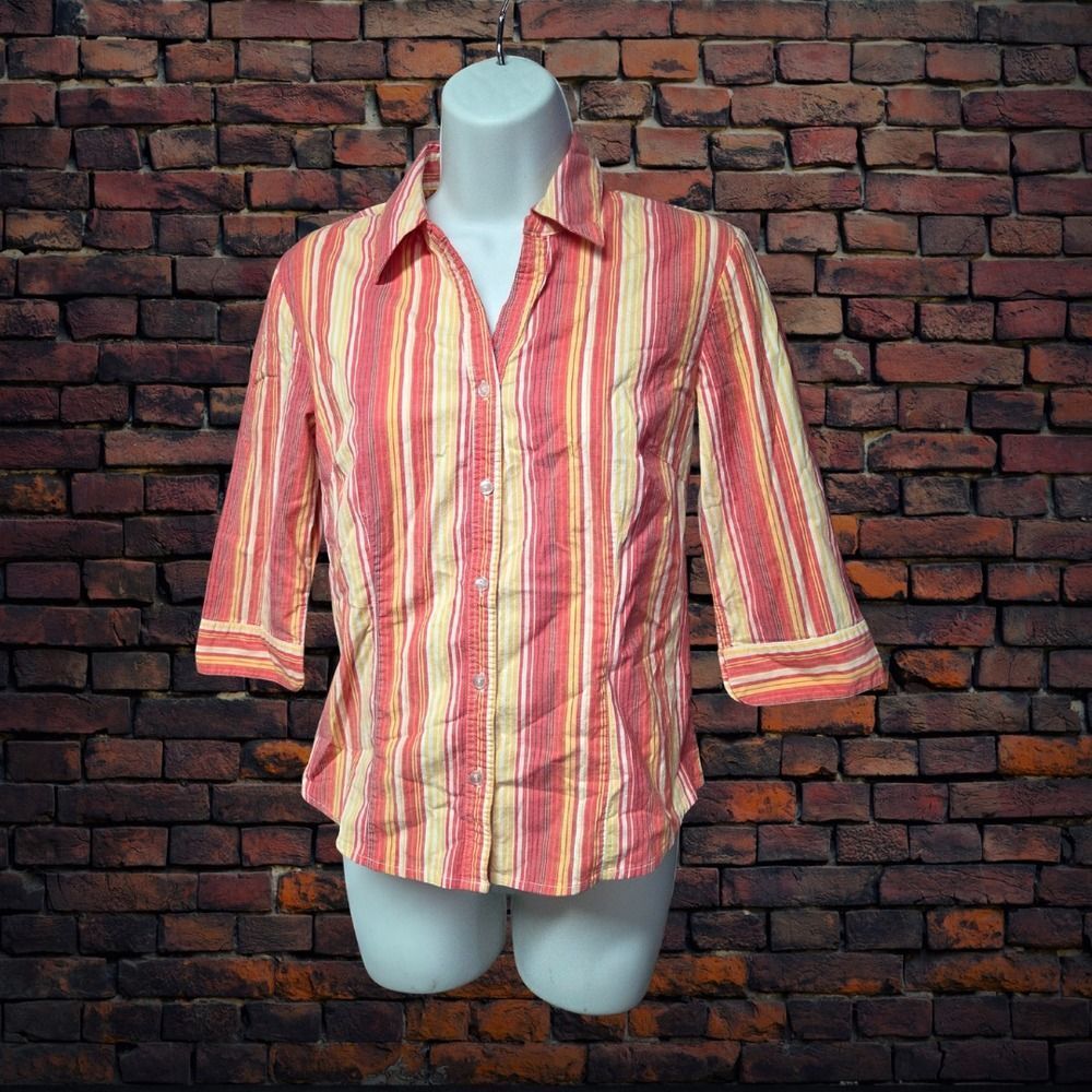 OCI Striped Button Up Shirt Women's Medium 3/4 Sleeve‎ Stretch Top